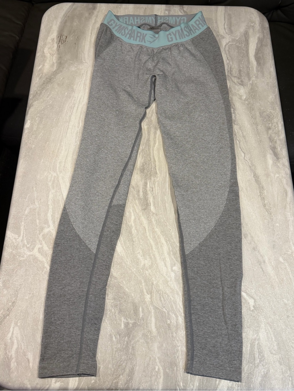 Gymshark Gray Leggings with Light Teal Branded Waistband